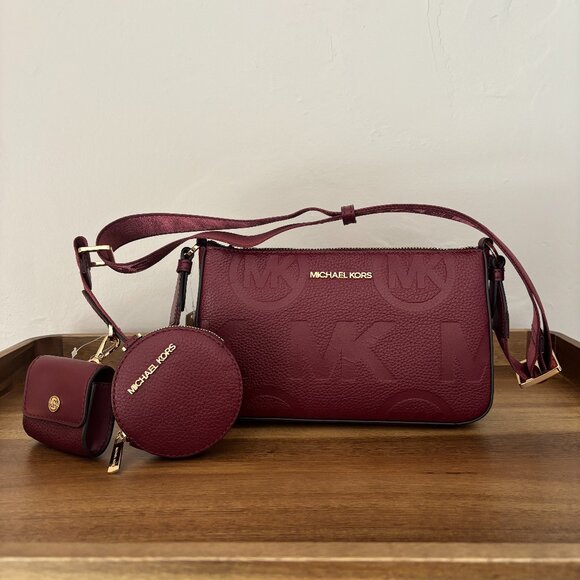 Michael Kors Jet Set Travel Small Dark Cherry Red Crossbody Tech Accessories NWT - Picture 1 of 12